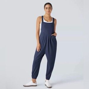 Halara Adjustable Strap Pockets Waffle Casual Jogger Overalls Jumpsuit NAVY XL